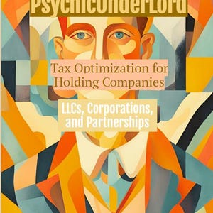 May include: A stylised illustration of a person with a yellow, orange and blue geometric design. The text "PsychicUnderLord" is at the top of the image. The text "Tax Optimization for Holding Companies" is in the middle of the image. The text "LLCs, Corporations, and Partnerships" is at the bottom of the image.