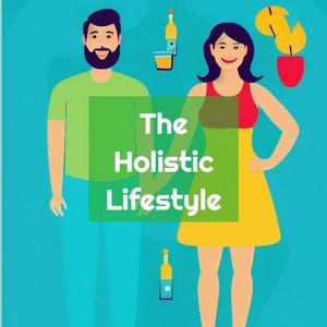 May include: Illustration of a man and woman standing side-by-side. The man is wearing a green shirt and blue pants. The woman is wearing a red tank top and a yellow skirt. The text "The Holistic Lifestyle" is written in a green box in the center of the image.