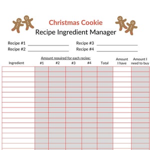 Könnte beinhalten: Ein druckbarer Weihnachts-Kekse-Rezept-Zutatenmanager mit einem Raster zum Auflisten der Zutaten, der benötigten Mengen für jedes Rezept und der verfügbaren Mengen. Das Raster hat Spalten für vier Rezepte, Gesamtmengen und zu kaufende Mengen. Die Kopfzeile enthält den Text "Weihnachts-Kekse-Rezept-Zutatenmanager" und Illustrationen von Lebkuchenmännern.