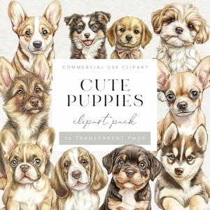 May include: A digital clipart pack featuring ten adorable cartoon puppies in various breeds. The puppies are depicted in a realistic style with soft, fluffy fur and expressive eyes. The clipart is perfect for adding a touch of cuteness to any project.