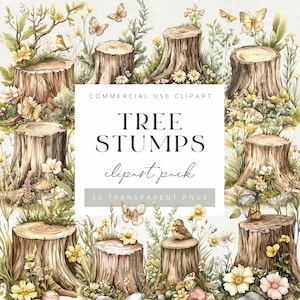 Puede incluir: Un paquete de clipart digital de 10 tocones de árboles de acuarela con flores, mariposas y pájaros. El texto "COMMERCIAL USE CLIPART TREE STUMPS clipart pack 10 TRANSPARENT PNGS" se muestra sobre un fondo blanco.