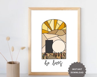 Op de afbeelding: Een digitale illustratie van een zonsopgang boven een stenen graf met de woorden "hij leeft" eronder. Het graf is leeg en er groeien bloemen omheen.
