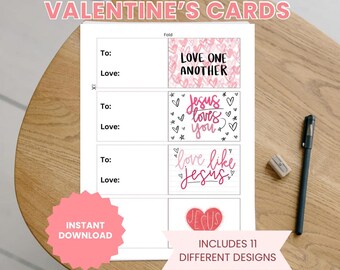 May include: Printable Valentine's Day cards with Christian themes. The cards feature pink and white hearts, and the text "Love One Another", "Jesus Loves You", and "Love Like Jesus".