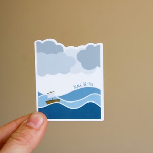 Peace, Be Still. - Mark 4:39 Waterproof Bible Sticker - Christian Sticker - Sunbeam Stickers - Jesus Quote - Ship on the Sea - New Testament