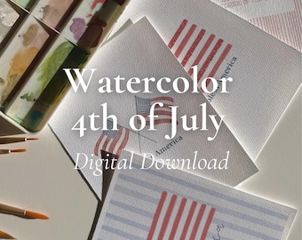 May include: A set of watercolor art prints featuring American flag motifs, including a folded flag with the text Land of the Free Because of the Brave, alongside paint brushes and a paint palette. The designs include stripes and stars.