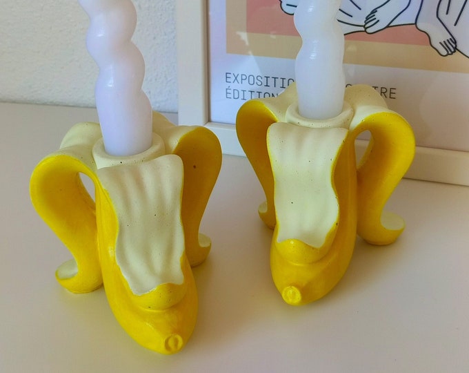 Featured listing image: Handmade Banana Candle Holder – Quirky Sculptural Maximalist Decor, Yellow Pink Accent Piece
