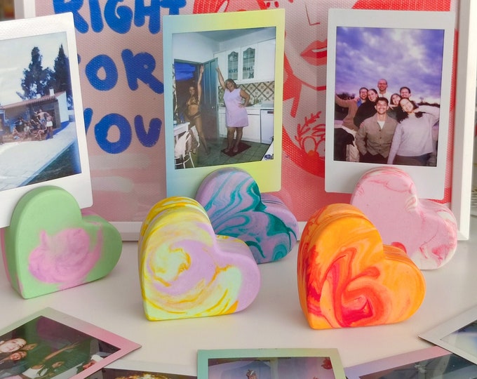 Featured listing image: Handmade Jesmonite Heart Photo Holder – Colorful Swirl Instax Mini Stand