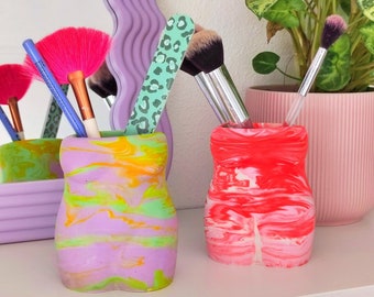 Makeup Brush Holder Pen Organizer Woman Body Vase - Colorful Maximalist Quirky Home Decor Jesmonite Funky Gift for Her Dopamine Decor