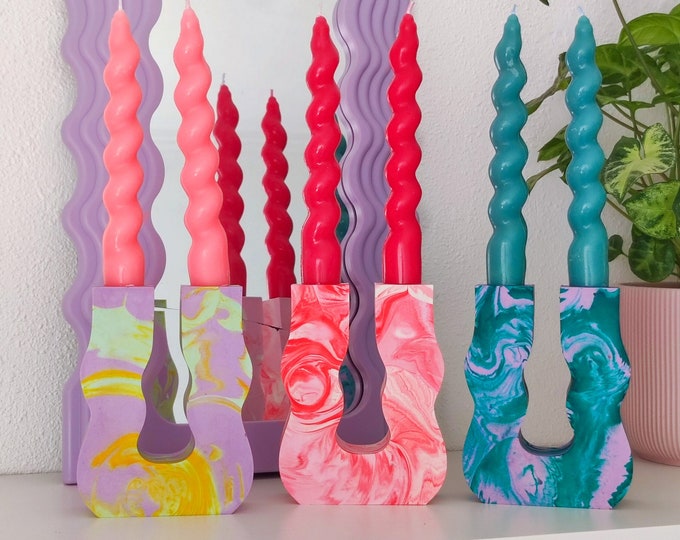 Featured listing image: Wavy Jesmonite Double Candle Holder – Colorful Marble Decor, Playful Maximalist Taper Holder
