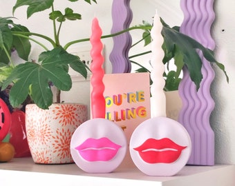 Kiss Candle Holder – Lips Jesmonite Taper Stand, Red or Pink, Funky Maximalist Home Decor