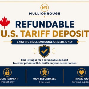 May include: A white informational graphic with navy and gold text reading MULLIONROUGE REFUNDABLE U.S. TARIFF DEPOSIT. It features a red maple leaf, a shield icon with a checkmark, and three circular icons representing secure payment, refundability, and thanks.