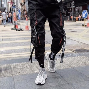 Men's Cargo Pants Streetwear Techwear Black And Red Jogger Pants Multi-pockets