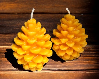 Set of 2 Pinecone Beeswax Candles, 3.5" Natural Honey Scented, Cotton Wick