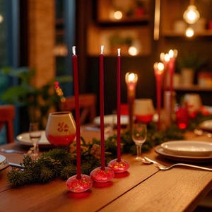 May include: A festive dining table set for a holiday celebration. The table features red candles, decorative glassware, and plates. A garland of greenery adds a natural touch to the setting. The warm lighting creates a cozy atmosphere.