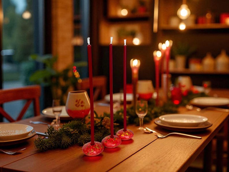 May include: A festive dining table set for a holiday celebration. The table features red candles, decorative glassware, and plates. A garland of greenery adds a natural touch to the setting. The warm lighting creates a cozy atmosphere.