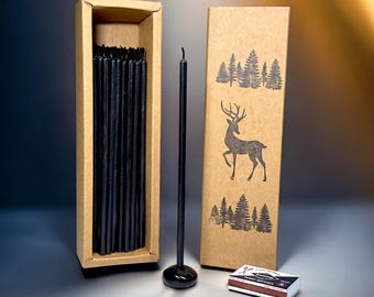 Absolute Black – 60 Beeswax Candles Set for Focus, Protection & Inner Stillness – Gift Set with Ceramic Holder and Matches