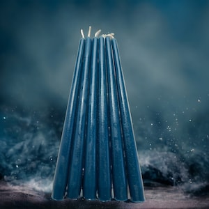 Set of 6 Blue Pillar Dinner Candles 10" Pure Beeswax, International Shipping Available