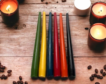 Set of 6 Taper Dinner Candles 10" Long -Pure Beeswax, 6 Colors, International Shipping Available