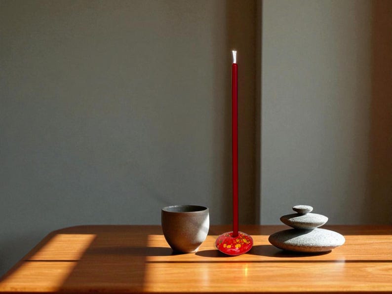 May include: A minimalist still life featuring a red incense stick with a decorative base, a dark ceramic cup, and a stack of smooth stones. The objects are arranged on a wooden surface, with sunlight casting shadows.