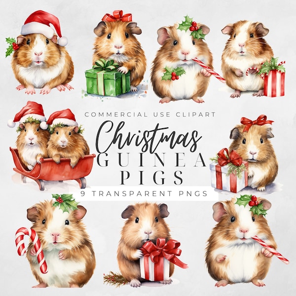 Watercolor Cute Winter Christmas Guinea Pigs Clipart, Commercial Use, Stationary, Christmas, Home Decor, Winter, Coffee, Santa, Gifts