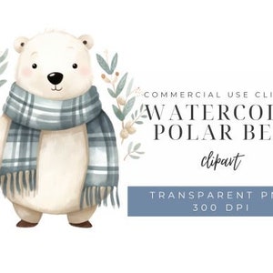 Aquarel winter ijsbeer clipart, sjaal, kerst ijsbeer, decor kinderkamer, kunst aan de muur afdrukbare png-bestanden