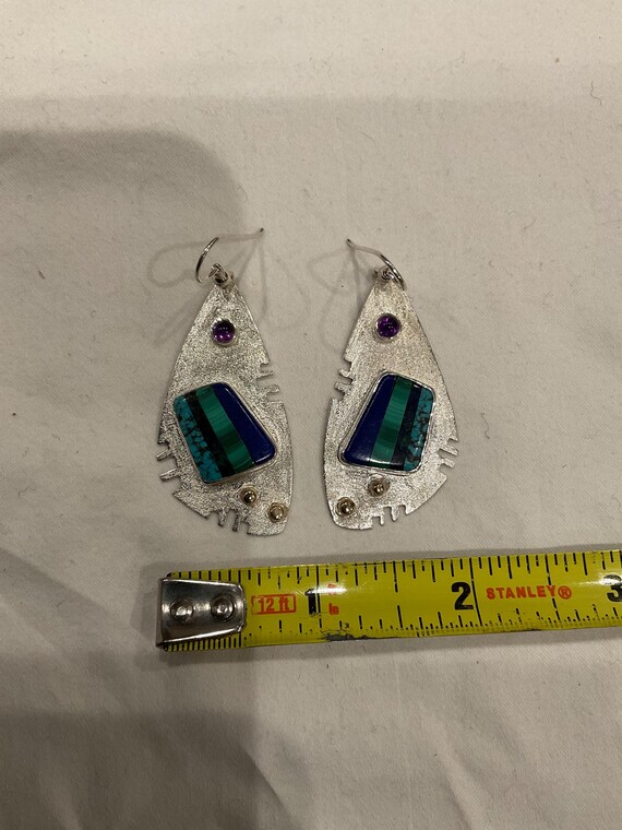 Multi stone inlay Sterling silver statement earri… - image 3