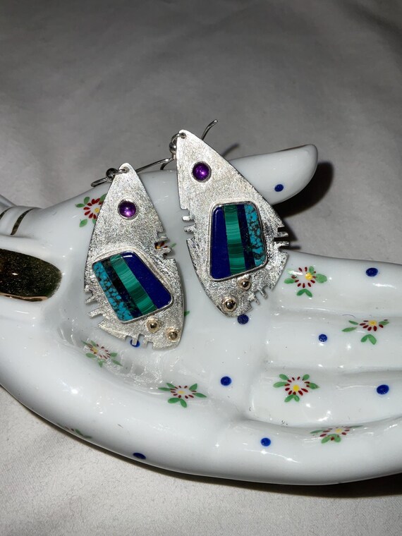 Multi stone inlay Sterling silver statement earri… - image 5