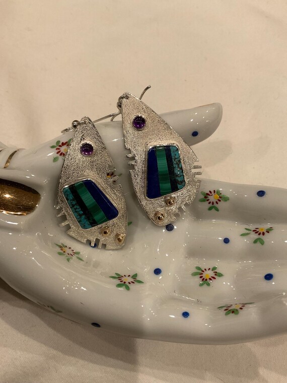 Multi stone inlay Sterling silver statement earri… - image 6