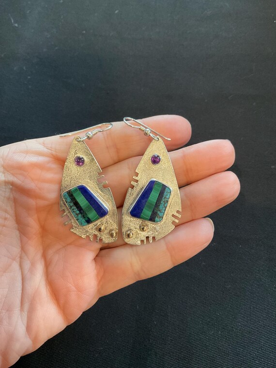 Multi stone inlay Sterling silver statement earri… - image 2