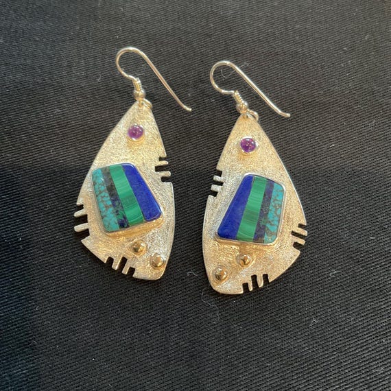 Multi stone inlay Sterling silver statement earri… - image 1