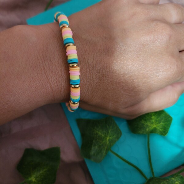 Pink, Orange, Blue and Yellow clay bead bracelet