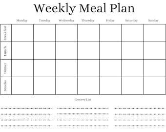 May include: A monochrome weekly meal planner with the title "Weekly Meal Plan" at the top. The planner has sections for breakfast, lunch, dinner, and snacks, with spaces for each day of the week. A grocery list section is at the bottom.