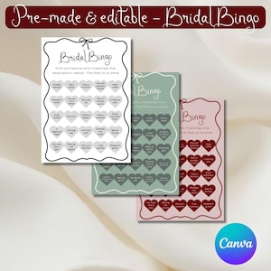 Juego de bingo editable para despedida de soltera / 2 versiones elegantes / 50 ejemplos de indicaciones / Plantilla de Canva / Imprimible y personalizable