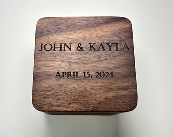 Custom Engraved Wood Ring Bearer Box: Double Ring Holder