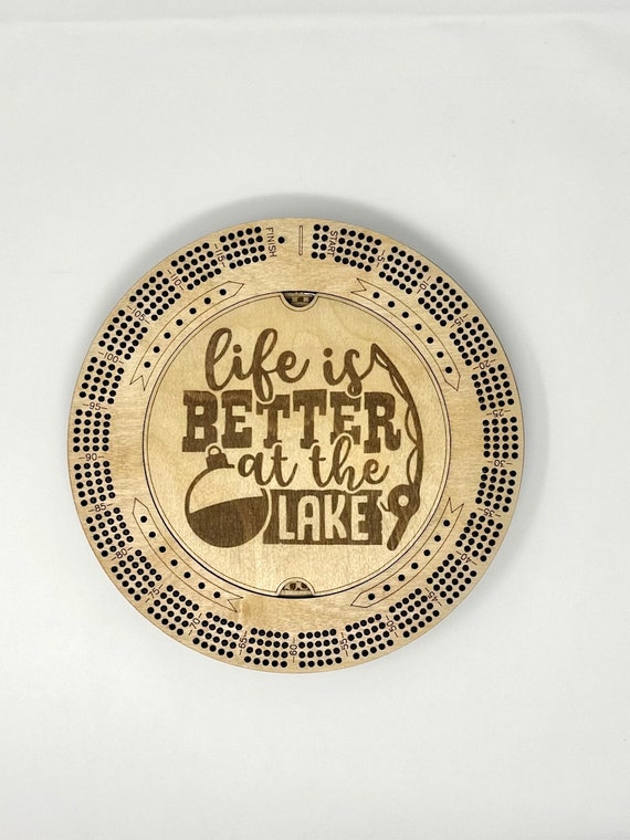 Custom Cribbage Board Life is Better at the Lake Round Cribbage Board Gift Lake House  Cribbage Pegs Engraved Cribbage Game Lover Lake Lover