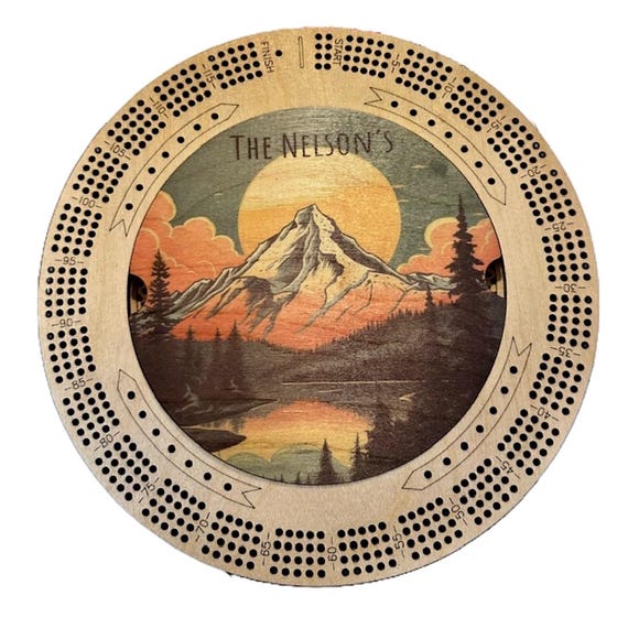 Custom Color Mountain Cribbage Board with Name, Mountain Sunset Lake, 4 Track Round with Pegs, Lake House, Unique Cribbage Board, Camping