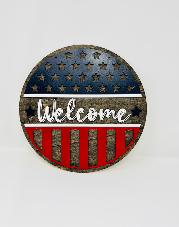 Patriotic Welcome Door Sign, USA Welcome Sign, 4th of July, Red White Blue Welcome Sign, Independence Day Flag Decor Door Hanger USA Flag