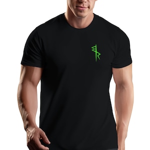 May include: A black t-shirt with a green graphic of a stylized symbol on the left chest.