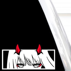 Zero two peeker decal, h 3.5 by l 7.5 inches, waifu peeking, 002, vinyl anime stickers, (white and red)
