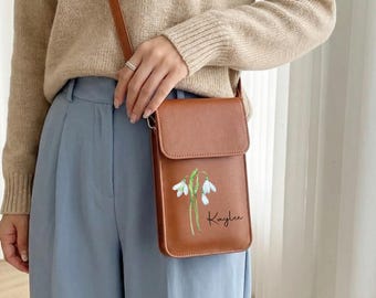 Personalized Vegan Leather Phone Shoulder Bag, Stylish Crossbody Mobile Wallet, Perfect Gift for Her, Multiple Colors