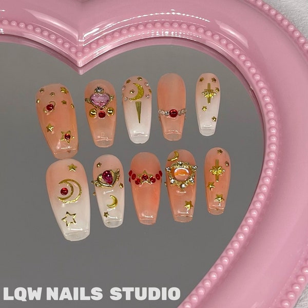 Anime Press-on Nails, Sailor Moon Press on Nails, Moon & Stars Strass Nails, Pastel Ombre Nails, Kawaii Press on Nails, Anime Nails