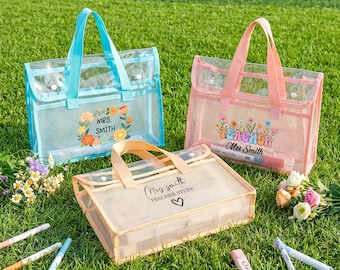 Personalized Clear Teacher Tote Bag, Custom Name Bag for Teacher Appreciation, Transparent PVC Tote, Back to School Gift, Educator Work Bags