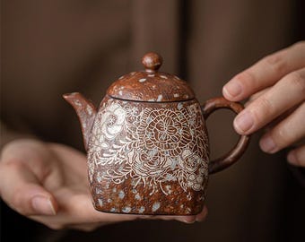 Hand-made Old Clay Silvering Flower Teapot 180ML| Ceramic Tea Pot Art Colletable