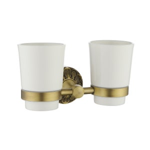 Petal-Relief Badezimmer-Zahnbürstenhalter zur Wandmontage, Einzel- oder Doppel-Zahnbürstenhalter mit Mundspülbecher-Set im Vintage-Stil, Messing und Keramik