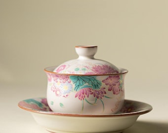 Creamy Lard-Glaze Porcelain Gaiwan with Floral Enamel & Gold Trim, 3-Piece Tea Set, 150ML