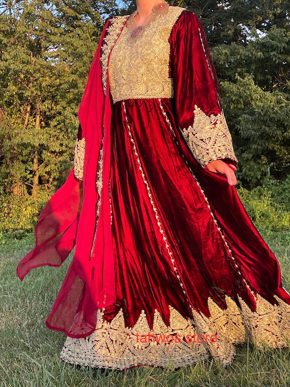 ethnic red dress Dorakhshan Burgundy Velvet Gold Embroidered Ethnic Kuchi Tribal Traditional  Afghani Dress