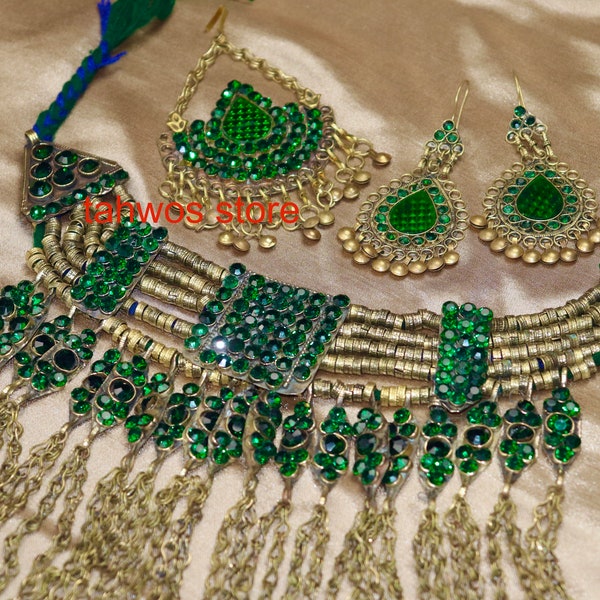 Bahar Handmade Emerald Green Afghan Traditional Kuchi Tribal Vintage Jewelry set