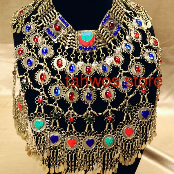 Farah - Happiness  Lapis Lazuli Handmade Bronze Silver Red Blue Turquoise Rhinestones Afghan Traditional Kuchi Tribal Vintage Jewelry set