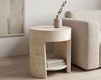 Rotunda – White Travertine Round Bedside Table: Modern Stone Nightstand