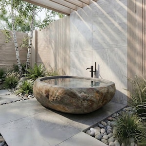 Custom Hand-Carved River Stone Bathtub, Natural Organic Outdoor Soaking Bath image 1